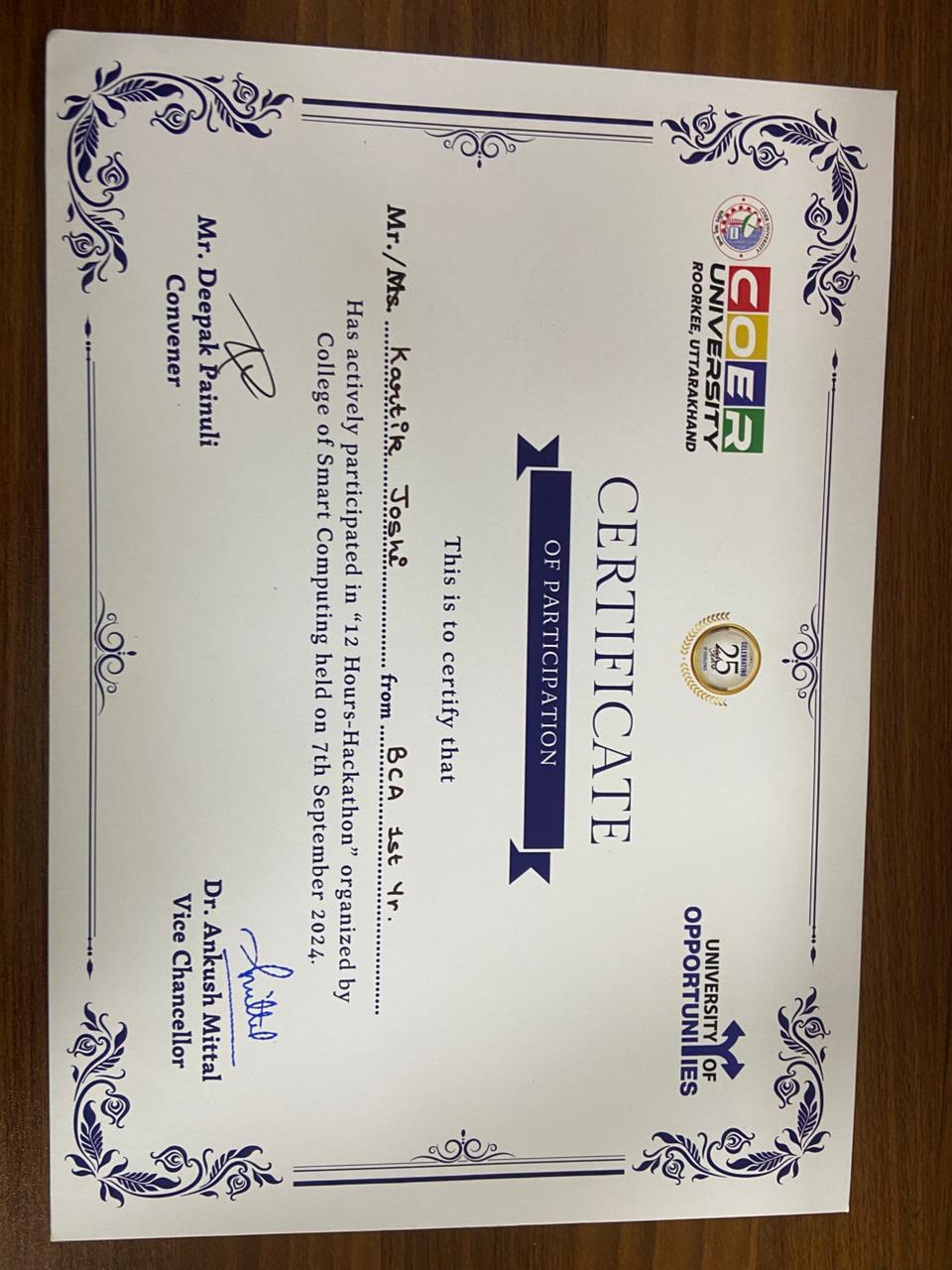 Internal Hackathon - 1 Certificate